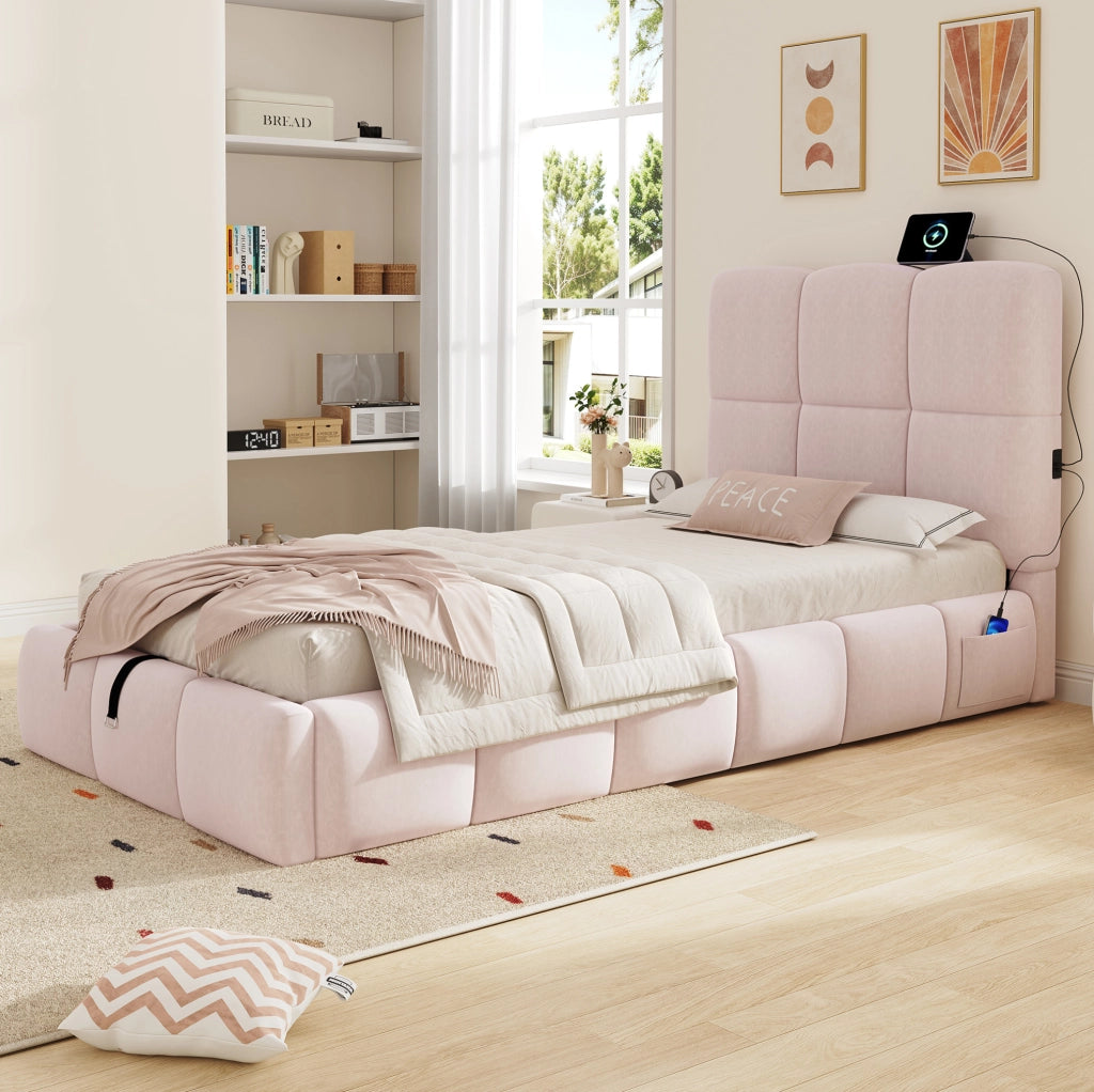 Letto singolo imbottito rosa con contenitore, rete a doghe e USB