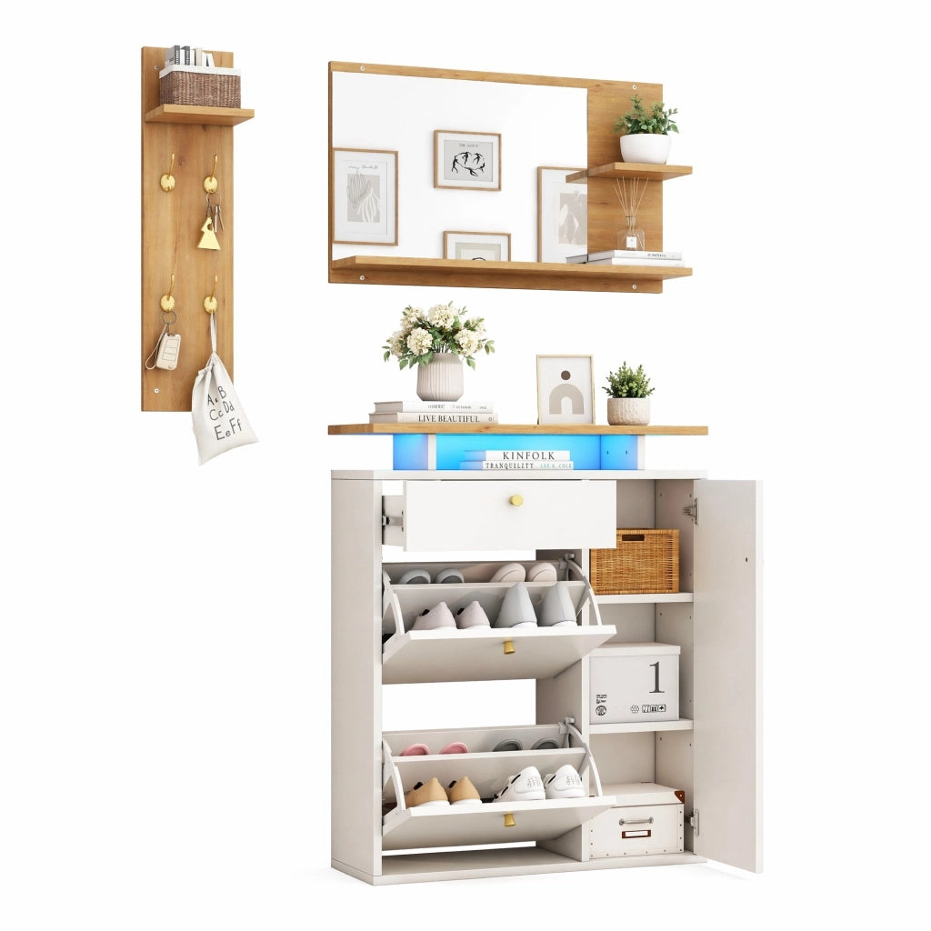 Set da ingresso 3 pezzi con scarpiera; specchio e appendiabiti LED; 105 x 25 x 151;5 cm; bianco