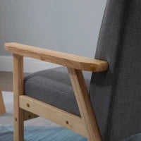 Poltrona in Stile Scandinavo, Legno Massello, Finitura in Lino, 64 cm x 70 cm x 72 cm, Grigio e Naturale