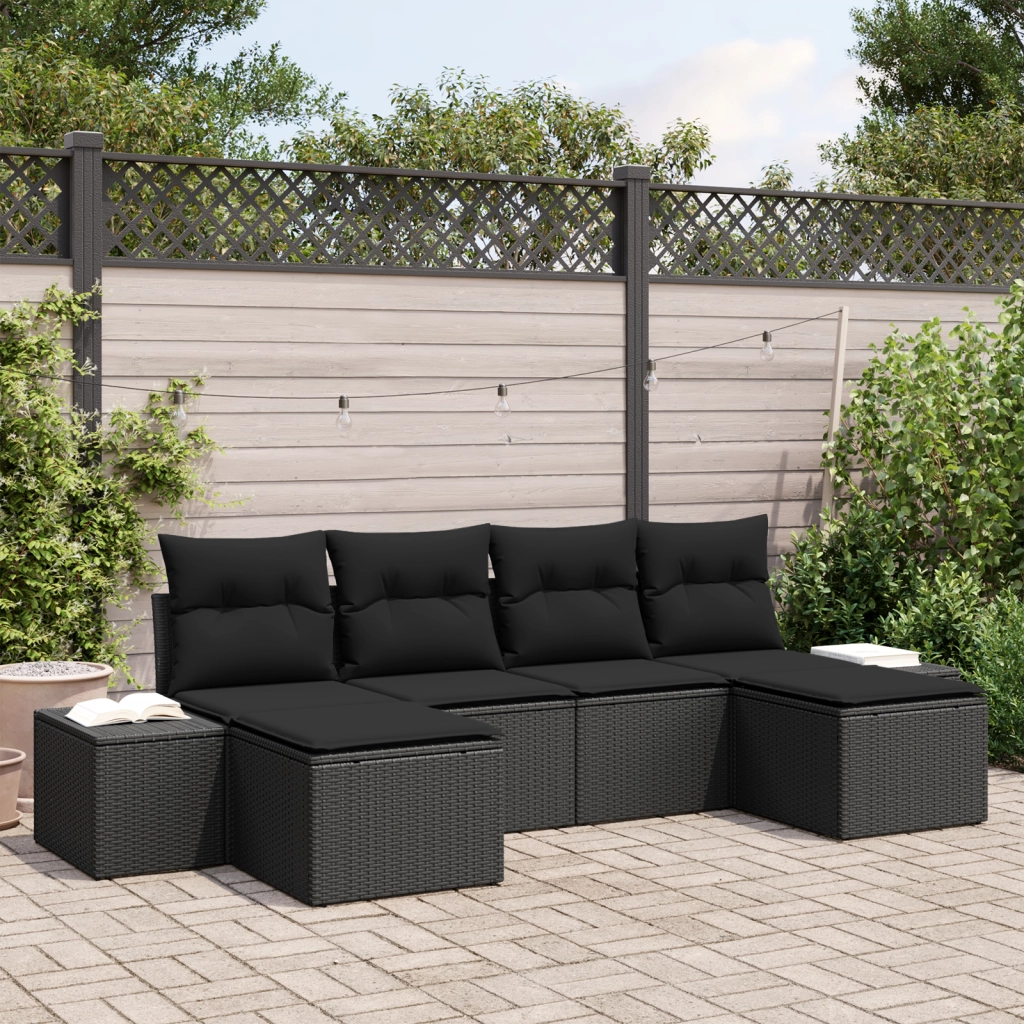 Set Divano Giardino 6 Pezzi con Cuscini Rattan Nero Polipropilene