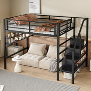 OKWISH Letto a Soppalco 140×200 cm, Letto Matrimoniale con Mensole, Scala con Contenitori e Sponda, senza Materasso, Metallo, Nero