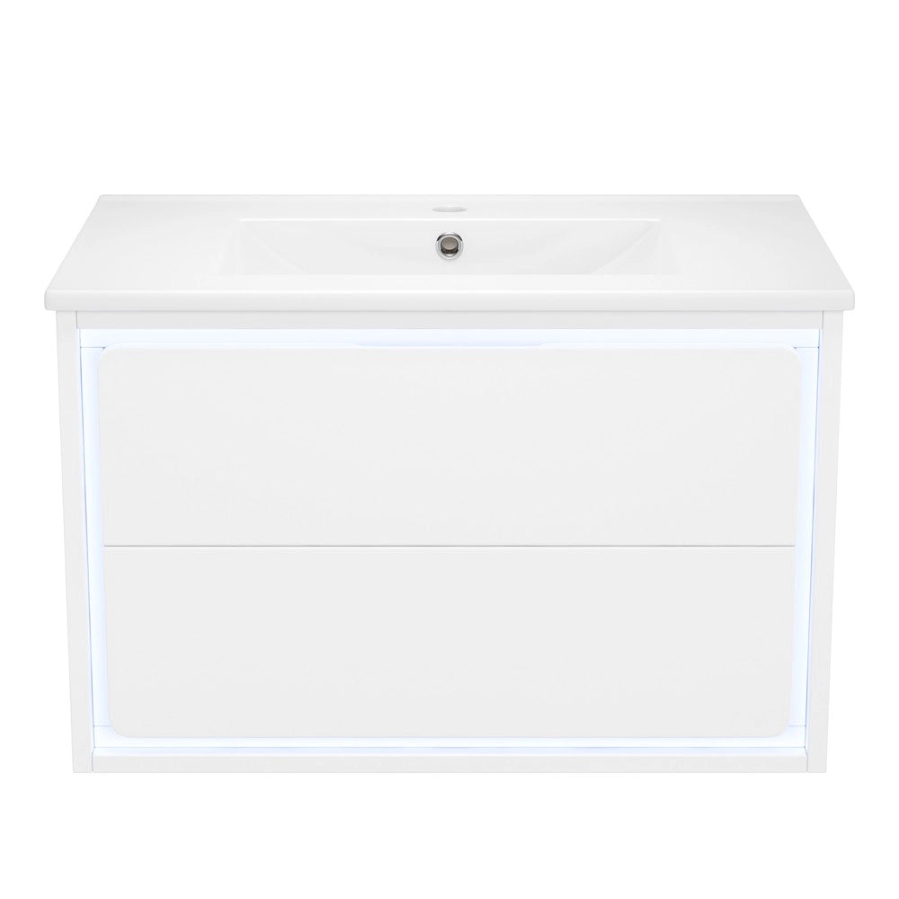 Mobile da Bagno Sospeso con Lavabo Integrato e LED ¨C Xylo ¨C Bianco, 2 Cassetti, 76x46x48.5 cm