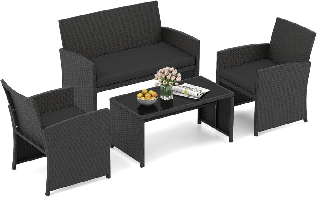 Set Salotto da Giardino 4 Pezzi, Divanetto e Poltrone in Rattan con Tavolino da Caffè in Vetro Temperato, Set di Mobili da Esterno Imbottiti per Cortile, Veranda e Bordo Piscina (Nero)