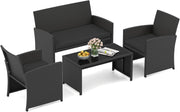 Set Salotto da Giardino 4 Pezzi, Divanetto e Poltrone in Rattan con Tavolino da Caffè in Vetro Temperato, Set di Mobili da Esterno Imbottiti per Cortile, Veranda e Bordo Piscina (Nero)