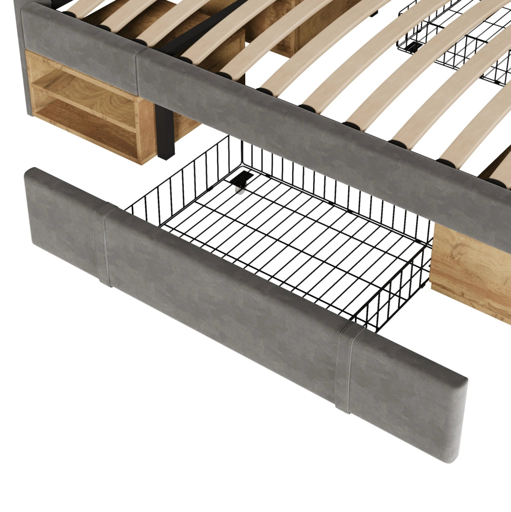 Letto singolo 90x200 cm con cassetti e vano contenitore; velluto grigio