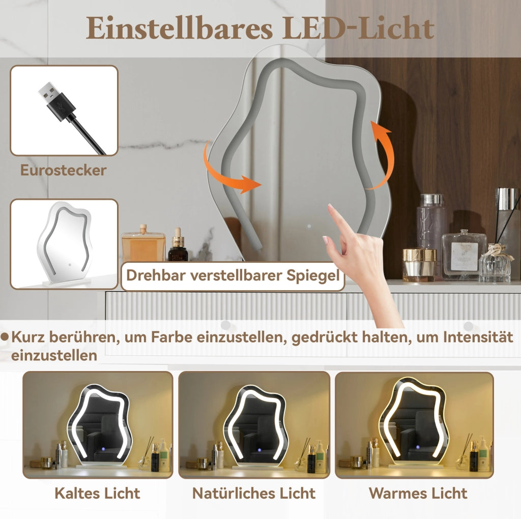 Toeletta con specchio LED dimmerabile, 5 cassetti e piano da 100 x 40 cm