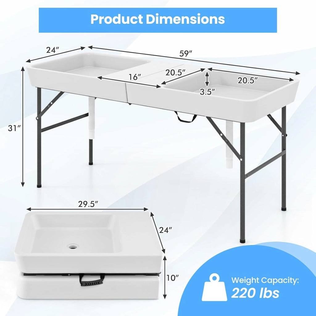 Tavolo refrigerante pieghevole per ghiaccio con doppio lavello profondo e foro di drenaggio, refrigerante per bevande con gonna da tavolo rimovibile, tavolo da giardino portatile per feste