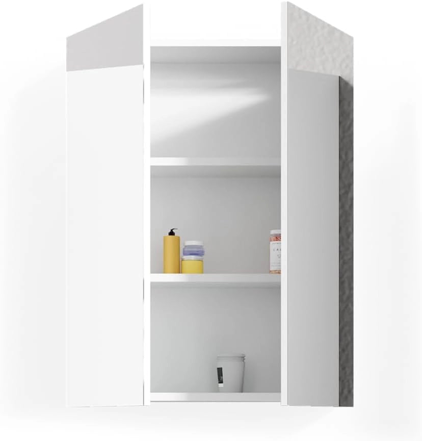 Specchio contenitore bagno Fredd, Bianco lucido, 60 x 77 cm, a parete con due ripiani interni regolabili
