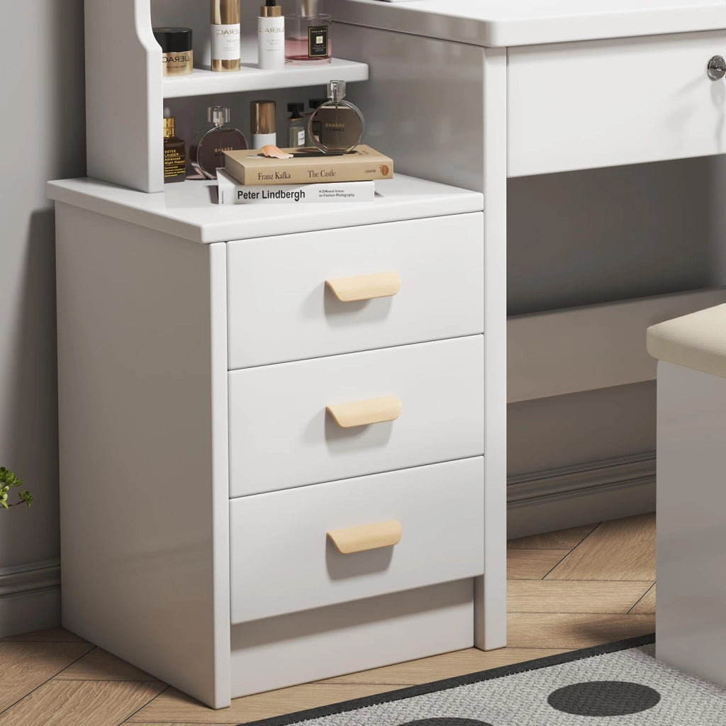 Toeletta con specchio LED e sgabello; 3 modalità di luce; cassetti e vani contenitori; bianca