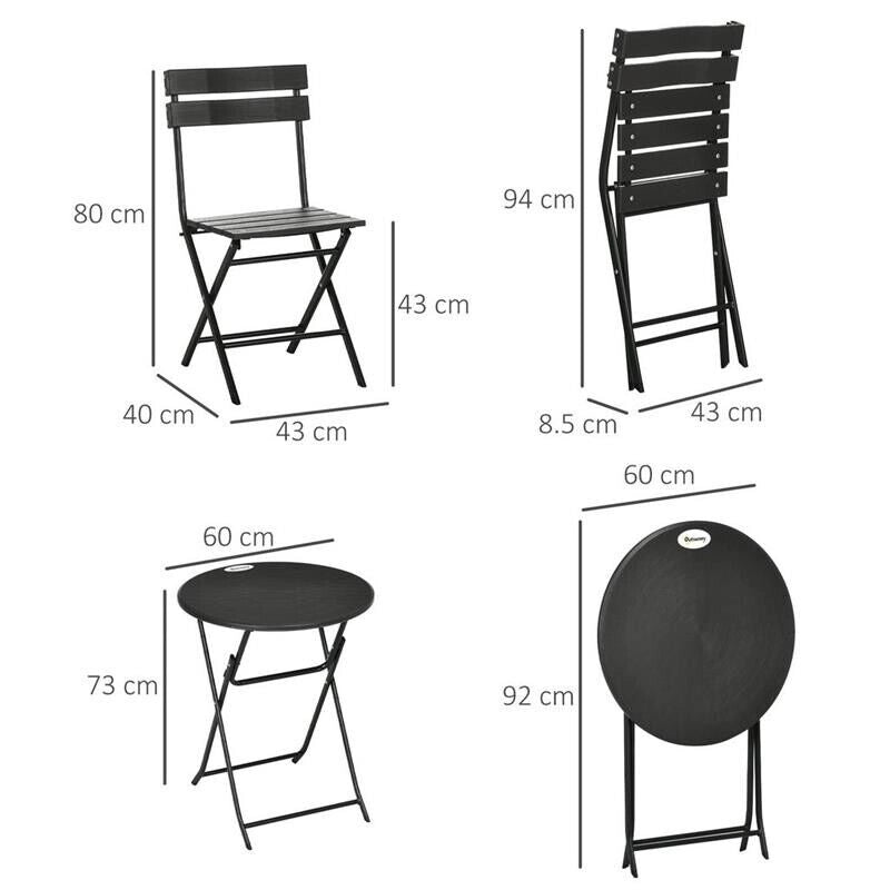 SET DA GIARDINO CON 2 SEDIE E TAVOLO PIEGHEVOLI IN ACCIAIO COLORE GRIGIO SCURO