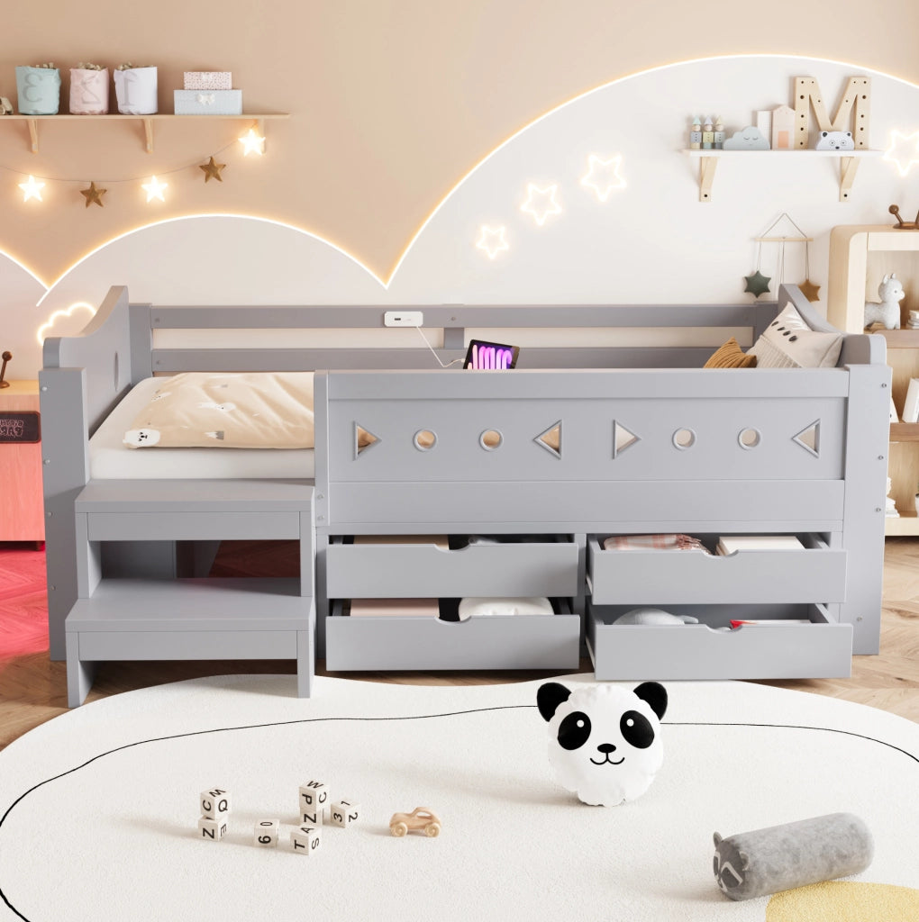 Letto singolo per bambini grigio 90 x 200 cm con cassetti, LED e prese USB