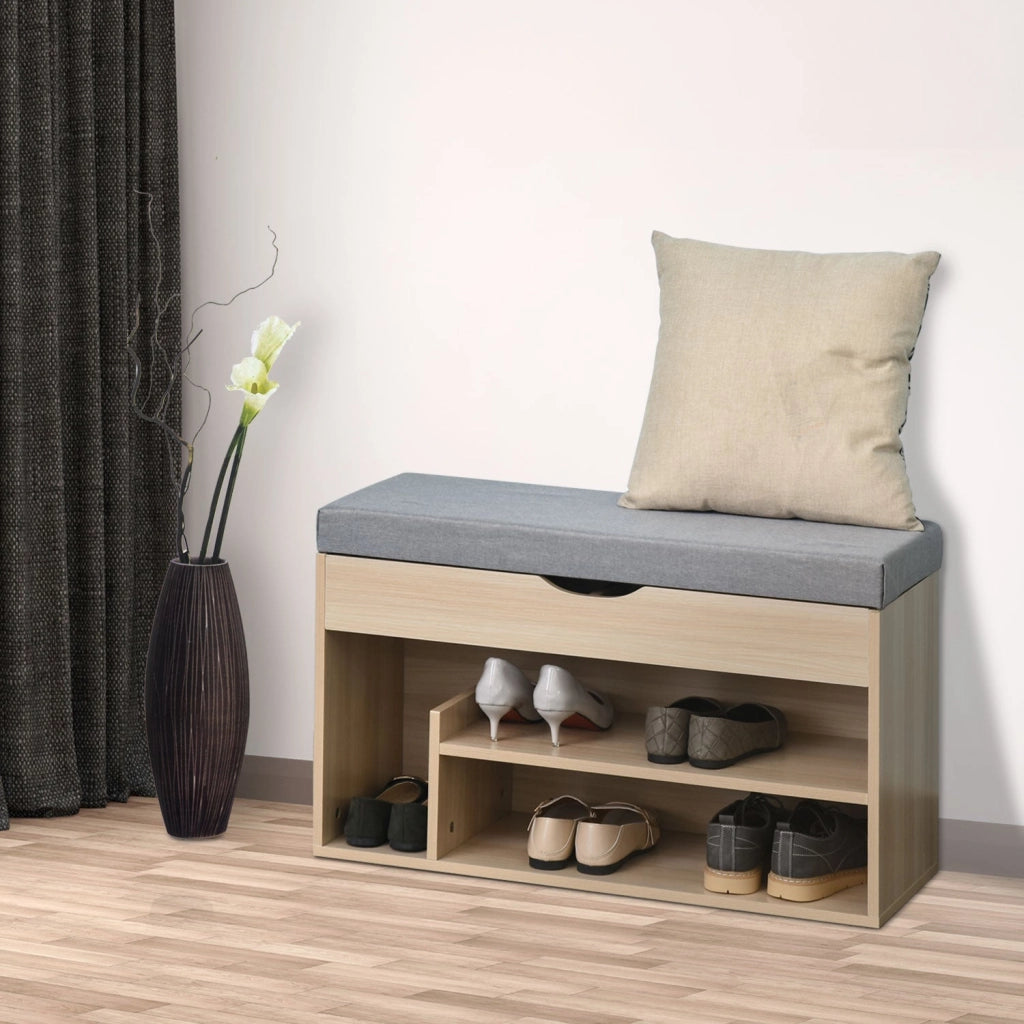 Panca Scarpiera 2 Ripiani in MDF con Cuscino 80x30x48 cm  Grigio e Rovere