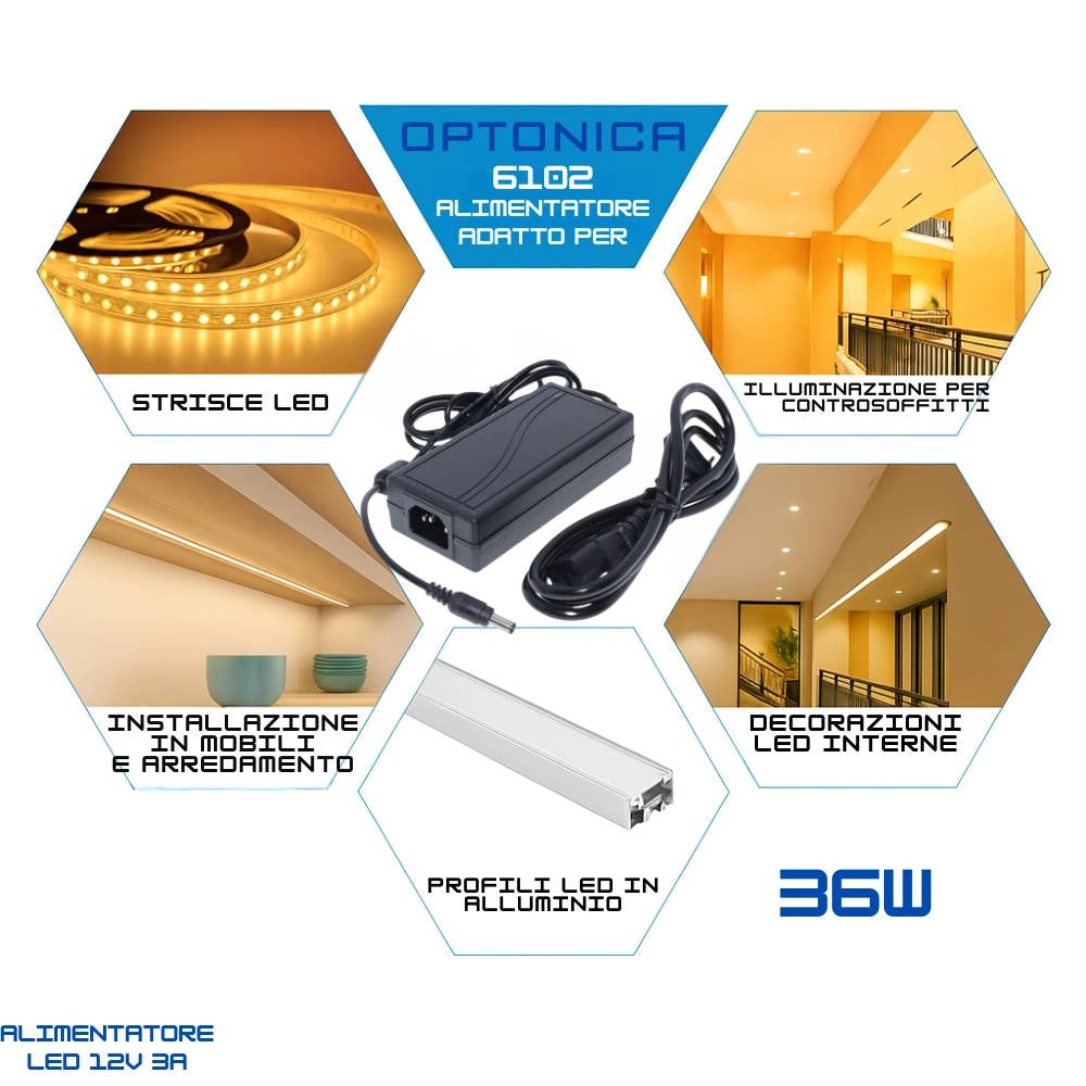Optonica 6102 alimentatore 36w 12v 3a ip20 per strisce led