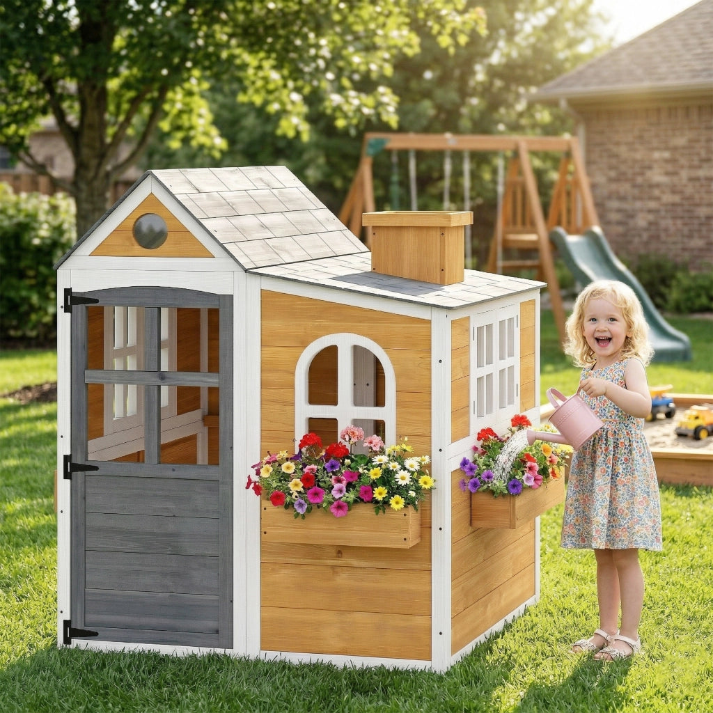 Casetta per bambini in legno per esterno ¨C zephmum ¨C con porta, finestre e 3 vasi, gialla