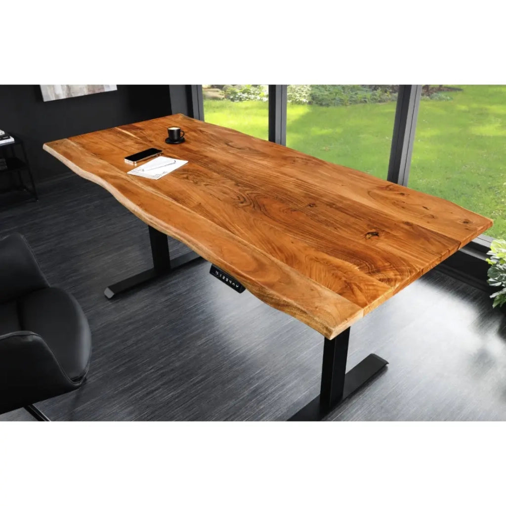 Scrivania elettrica di alta gamma ARKAYA 120 cm in legno massiccio di acacia con bordo naturale - Regolabile in altezza