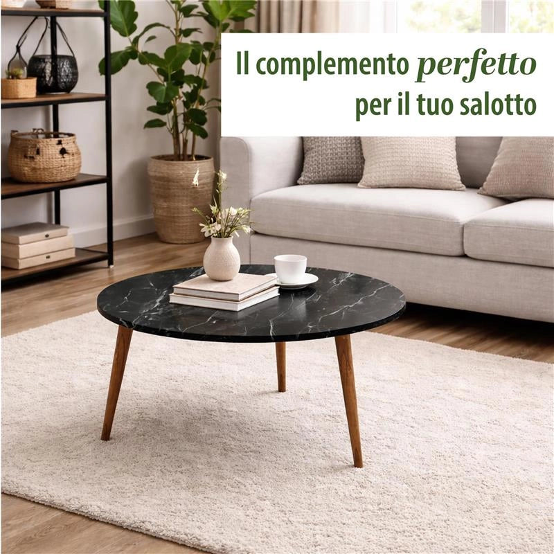 TABLE TAVOLINO TONDO DA CAFFÈ CON PIANO AD EFFETTO MARMO NERO DA D.75X43H  CM