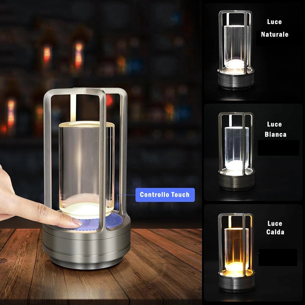 Trade Shop - Lampada A Led Da Tavolo 3 Watt Lanterna Lume Ricaricabile Touch Dimmerabile Cct D37-3c - Argento