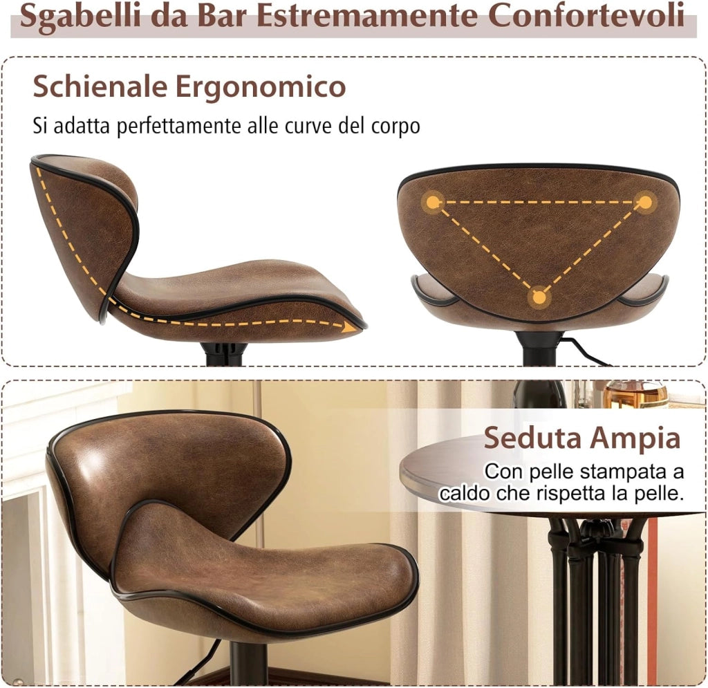 Set di 2 Sgabelli da Bar con Altezza Regolabile, Sgabello da Cucina Imbottito e Girevole a 360° con Schienale, Poggiapiedi e Base Metallica, Sgabelli in Pelle Stampato da Casa (Marrone)
