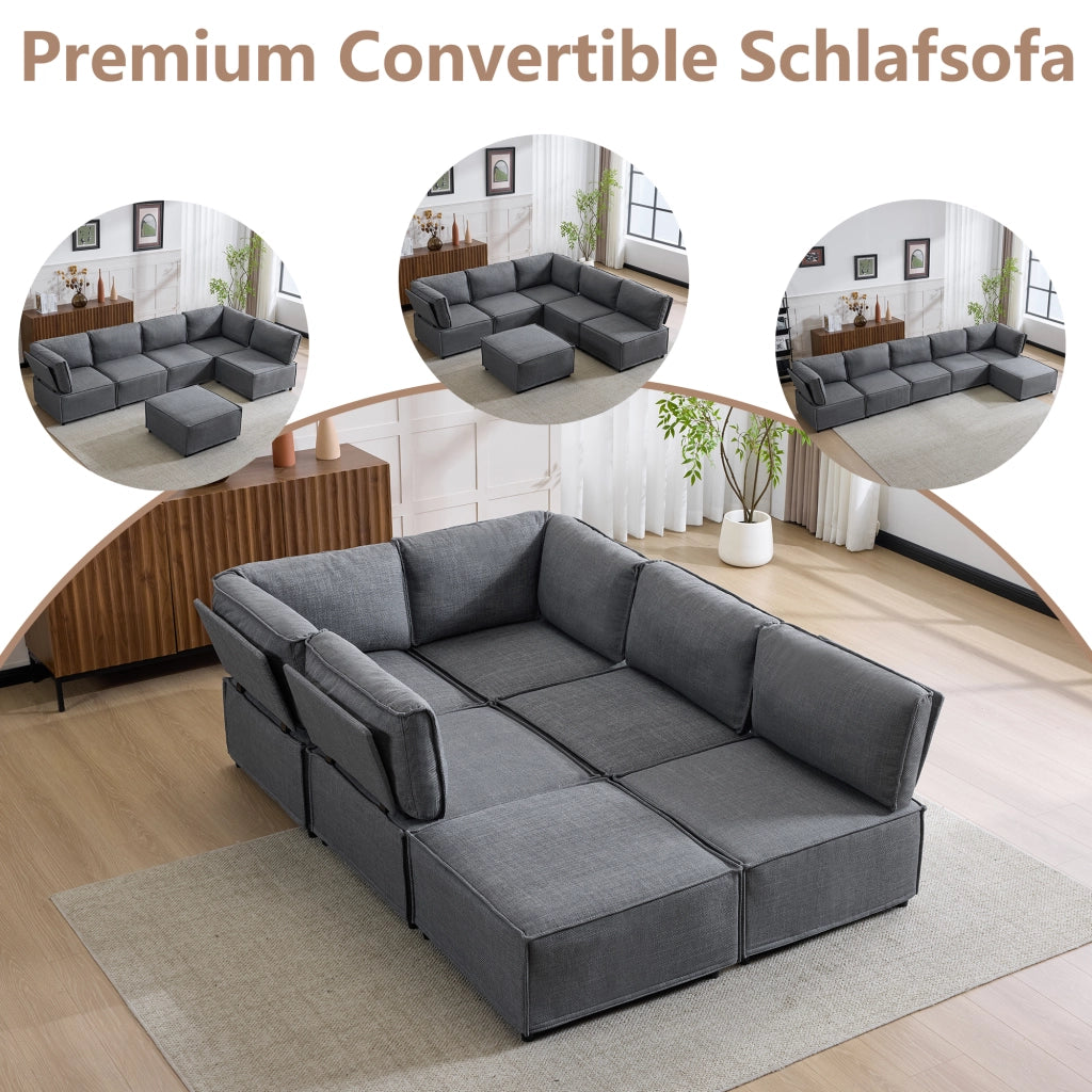 Divano modulare in tessuto con funzione letto e struttura stabile in compensato grigio scuro per soggiorno