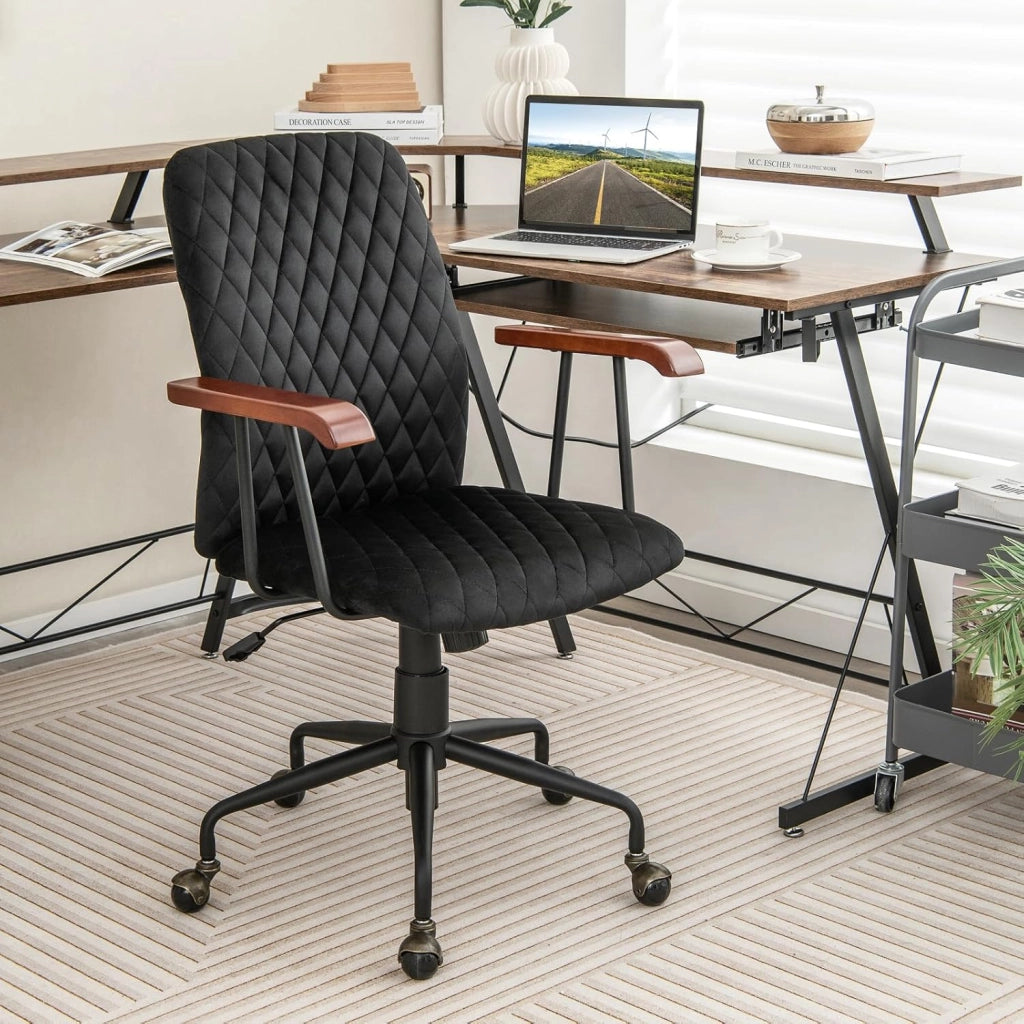 Poltrona da ufficio retrò in velluto regolabile in altezza con ruote, sedia da ufficio ergonomica con seduta imbottita e braccioli in legno di gomma, stile vintage, carico 150 kg