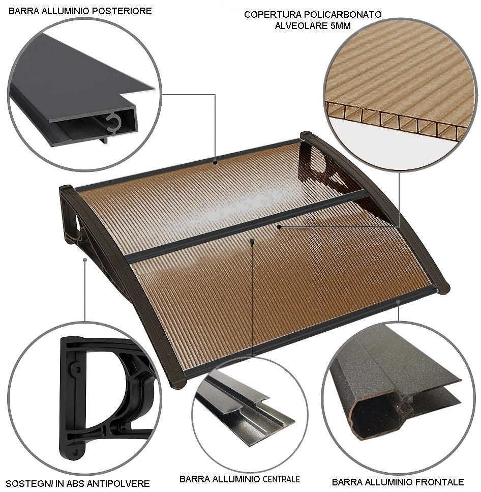 Pensilina Tettoia Modulare Tetto Copertura Porta Finestra Esterno Alveolare Fumé - 120x100 Cm