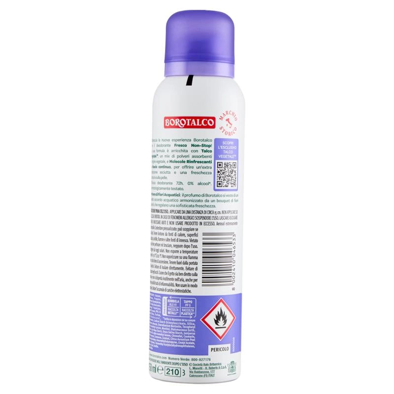 BOROTALCO DEODORANTE SPRAY FRESCO NO STOP PROFUMO DI FIORI ACQUATICI CON TALCO VEGETALE E MOLECOLE RINFRESCANTI 150 ML