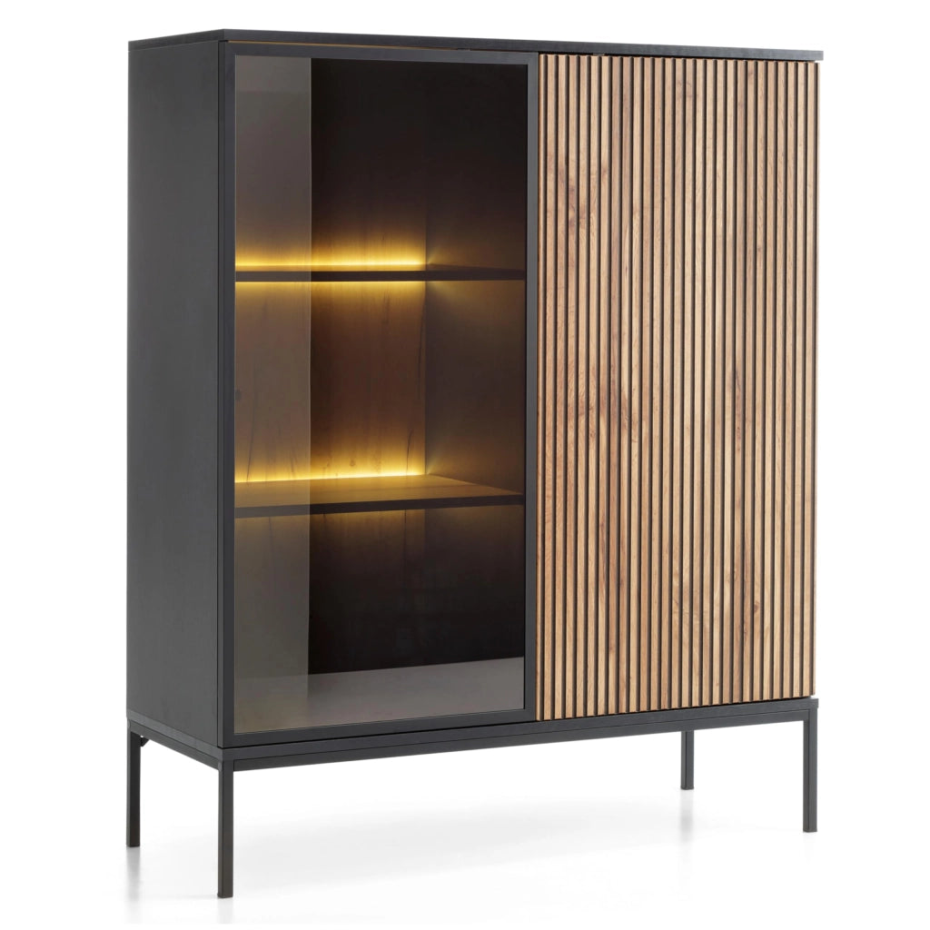 Komodee Laval WT104 - Vetrina con Illuminazione a LED, Rovere Wotan, Nero, Larghezza 104 cm, Altezza 126 cm, Profondit? 39 cm