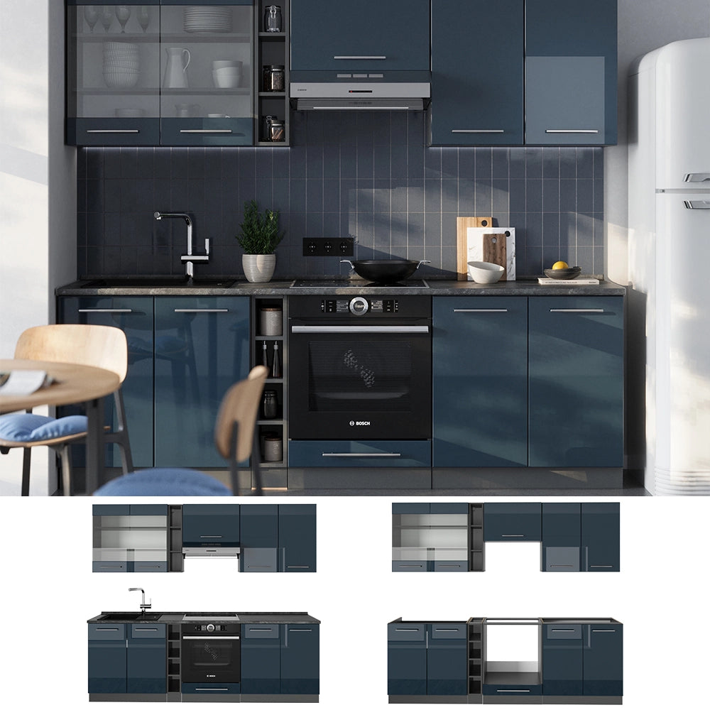 Cucina componibile Fame-Line Blu scuro lucido/Antracite 235 cm, PL Rovere Vicco