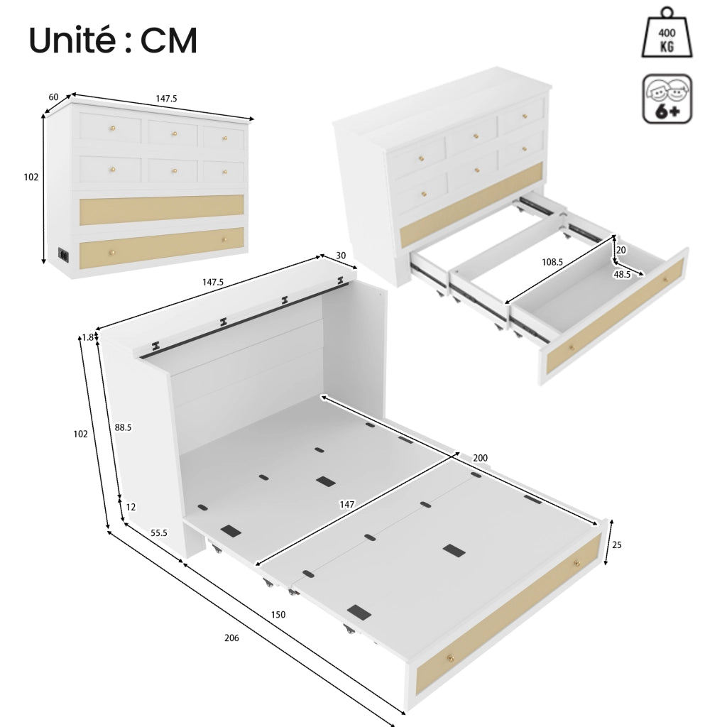 Letto matrimoniale 140×200 cm con cassetti; USB; presa e ripiano; senza materasso; MDF; bianco
