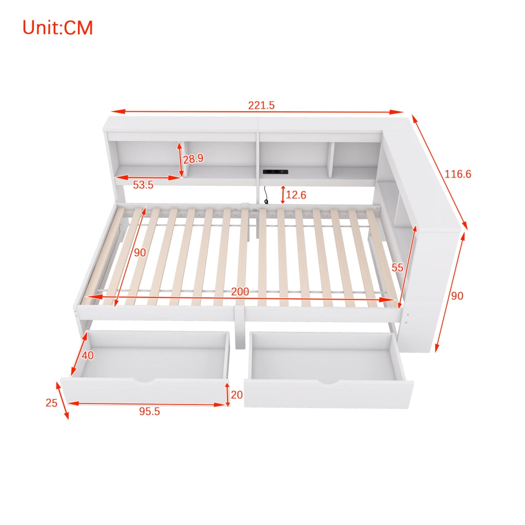 LETTO 90x200 cm con 2 cassetti, prese e 2 porte USB, Bianco