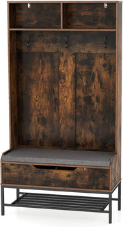 Appendiabiti con Panca Integrata, 3 Ganci + 2 Cubi Portascarpe & Ripiano Nascosto, Armadio Ingresso Multifunzionale 90x38x170cm, Design Elegante per Corridoio e Soggiorno, Facile Assemblaggio