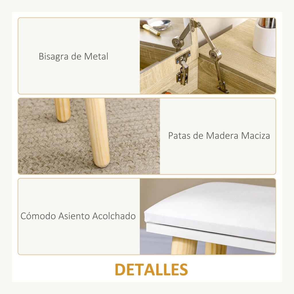 Tocador con specchio abatibile e sgabello imbottito ¨C zephmum ¨C colore naturale 100x45x118 cm