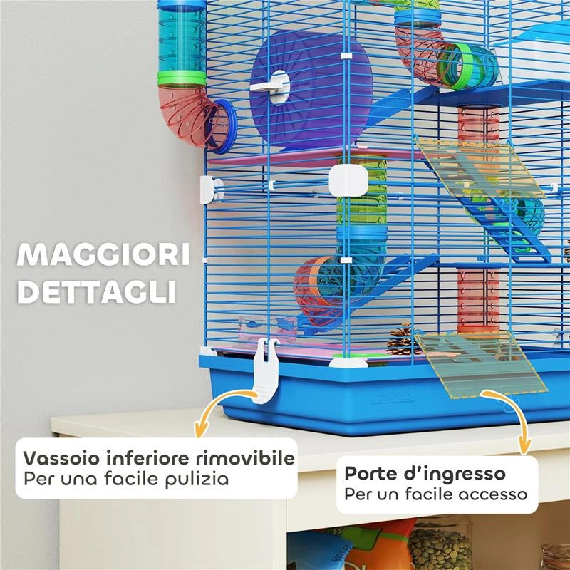 GABBIA PER CRICETI A 5 LIVELLI CON TUBI, RUOTA, SCALE, CASETTA E BOTTIGLIA, 46X30X58 CM