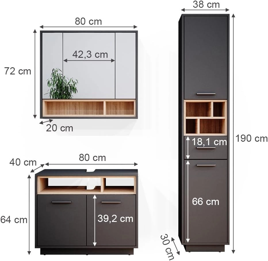 Set mobili bagno Beatrice, Antracite, 80 cm, composto da mobile sottolavabo, specchiera e colonna alta