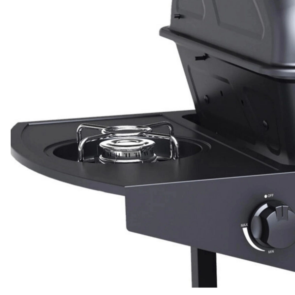 Barbecue a Gas 2 Fuochi con Fornello Laterale, Coperchio e Griglia 37x48 cm, Accensione Piezo, Ruote e Mensola con Ganci