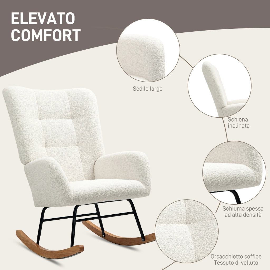 Sedia a Dondolo in Velluto ¨C Zephmum ¨C Bianco Crema Metallo Legno 70x94x100 cm