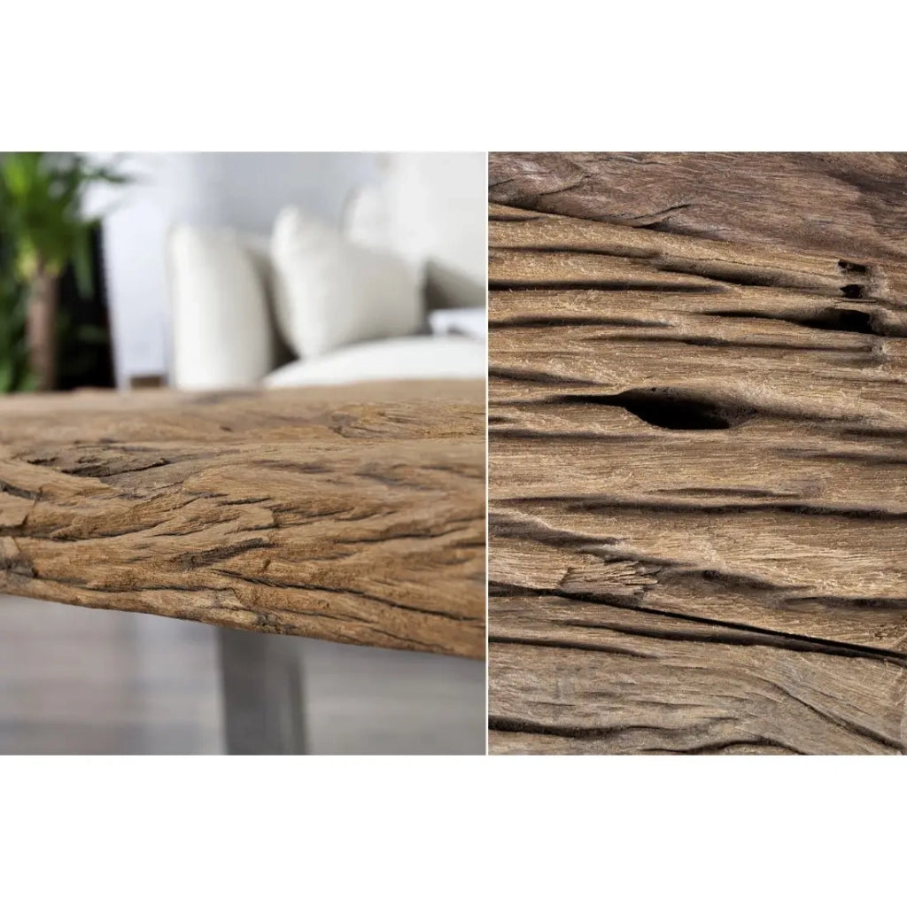 Tavolino basso RAFTA 110 cm in teak riciclato e vetro temperato – Design industriale con gambe a U