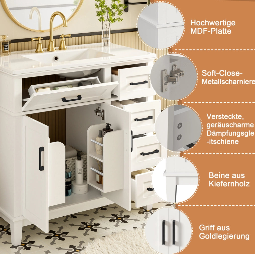 Mobile bagno freestanding bianco con lavabo in ceramica e 4 cassetti
