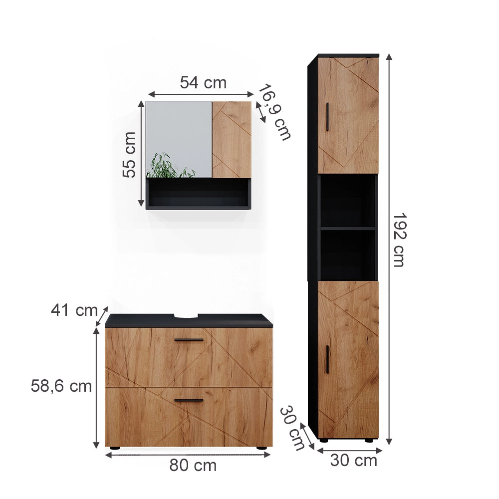 Vicco Set mobili bagno Quercia dorata/antracite 3 parti, con cassettiera e colonna