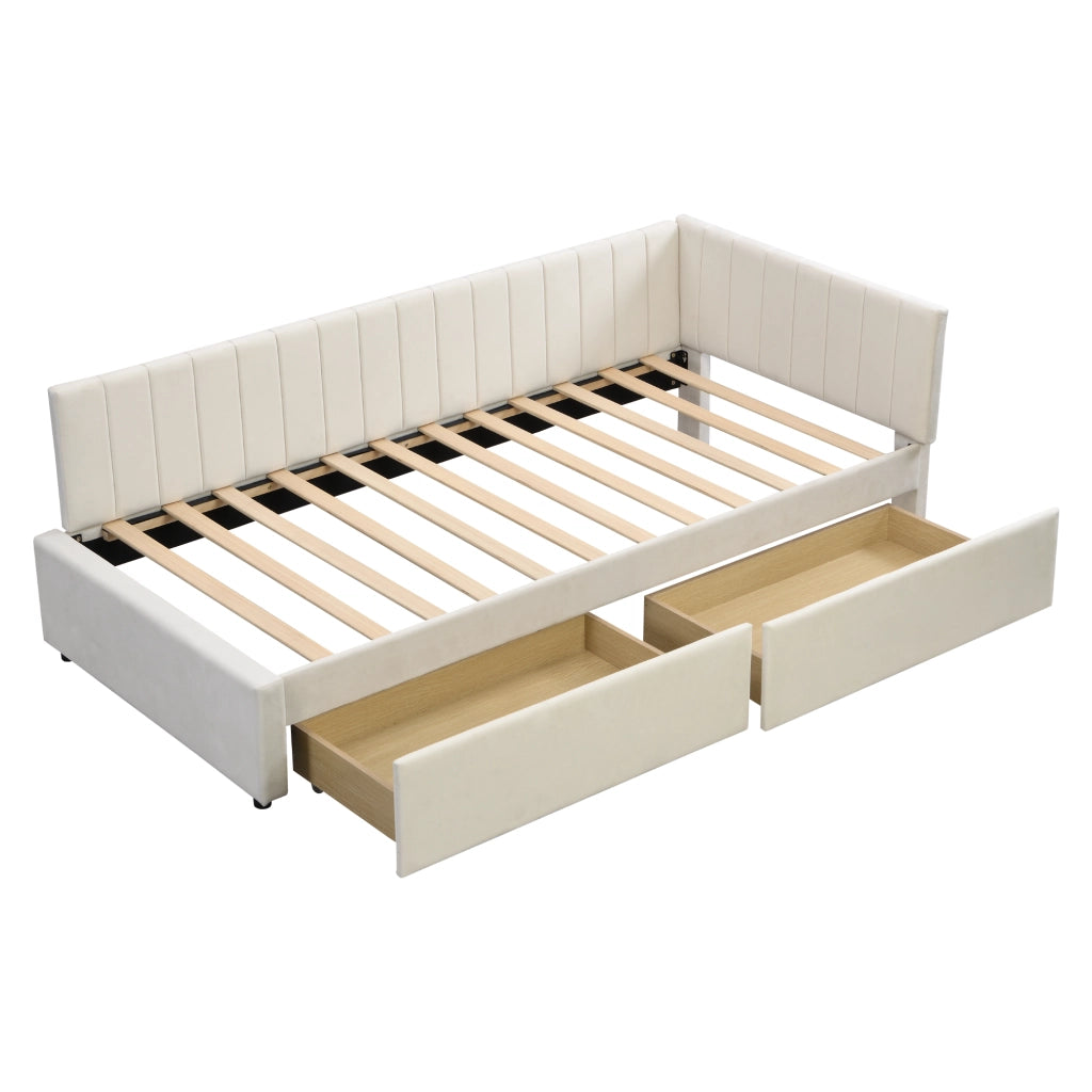 OKWISH Letto Divano 1 Posto, 2 Cassetti e Braccioli, 90 x 200 cm, senza Materasso, Beige, Imbottito