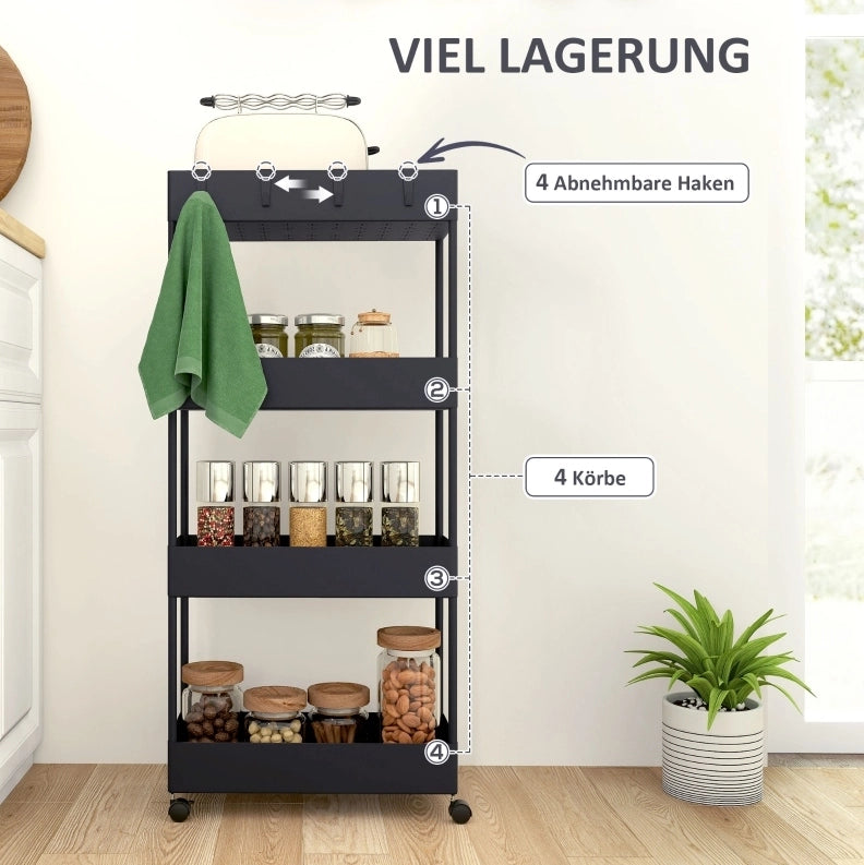 Carrello da cucina nero con 4 ripiani, ruote e freni, 40 x 19 x 90 cm, in plastica ABS