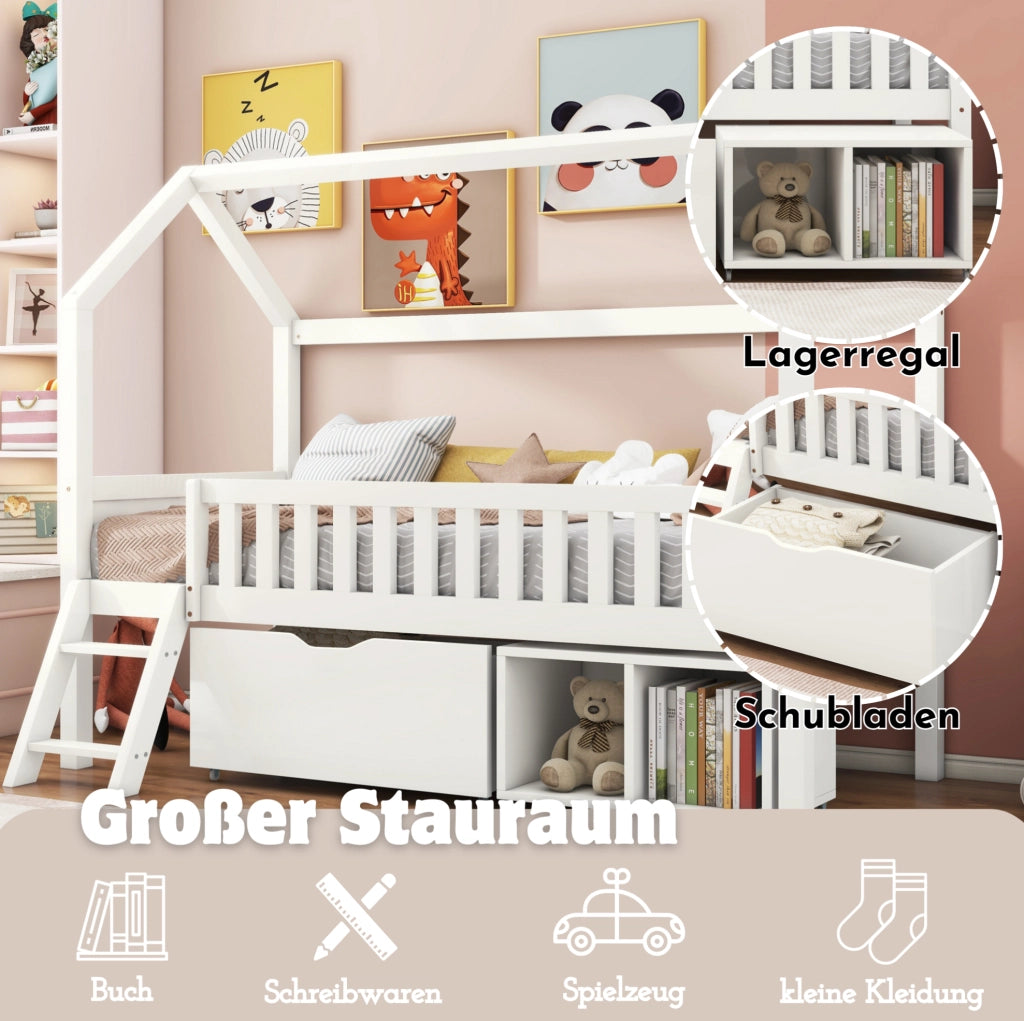 Letto a casetta per bambini 90x200 cm bianco in pino
