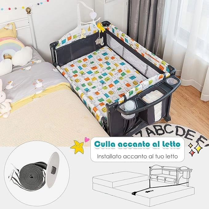 5 in 1 Lettino da Campeggio per Bambini, Lettino con Materasso per Neonato, Culla da Viaggio con Fasciatoio, Altezza Regolabile, Ruote con Freno, per Bambini 0-36 Mesi (Grigio)