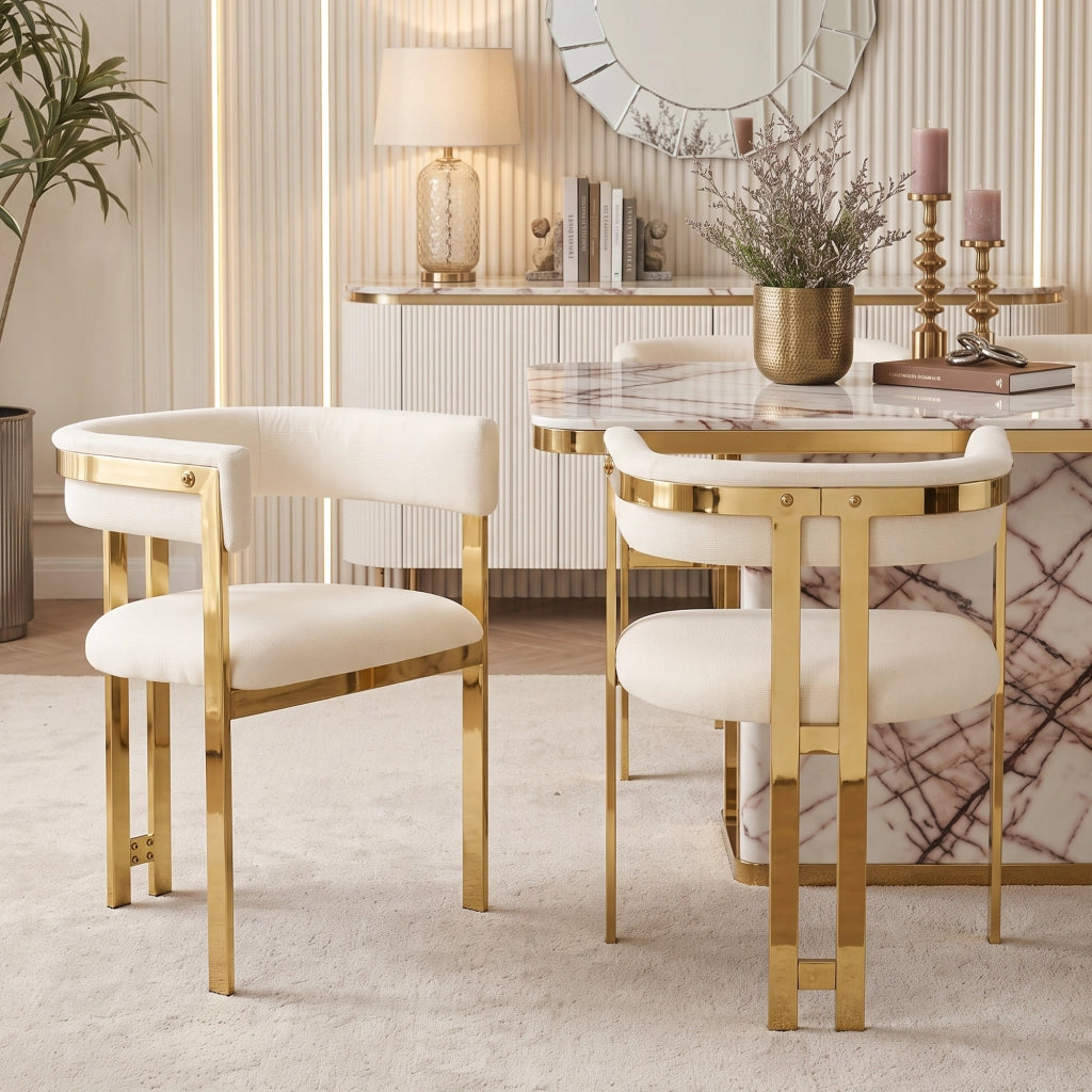 2 sedie da pranzo in chenille beige e oro, schienale semicircolare, struttura in metallo, set da 2