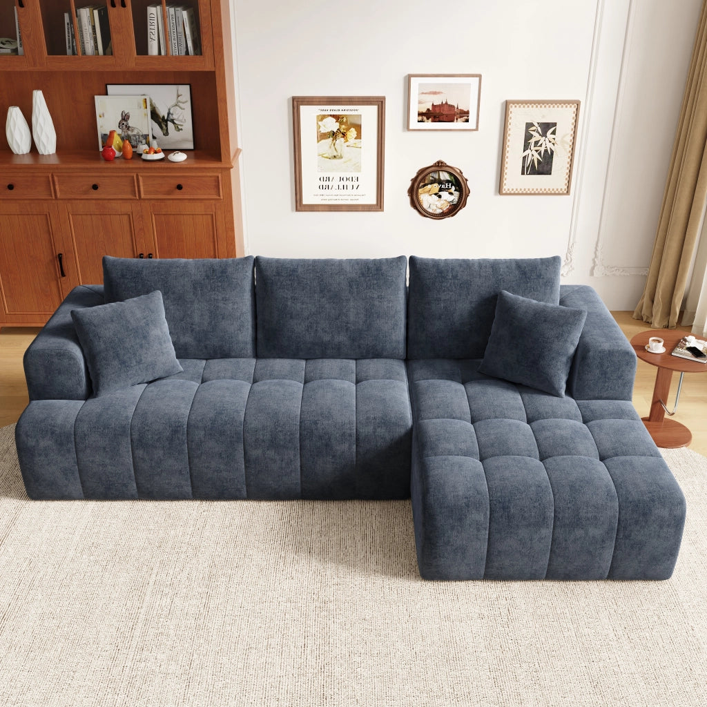 Divano angolare modulare senza struttura 3 o 4 posti con cuscini, in Chenille Blu