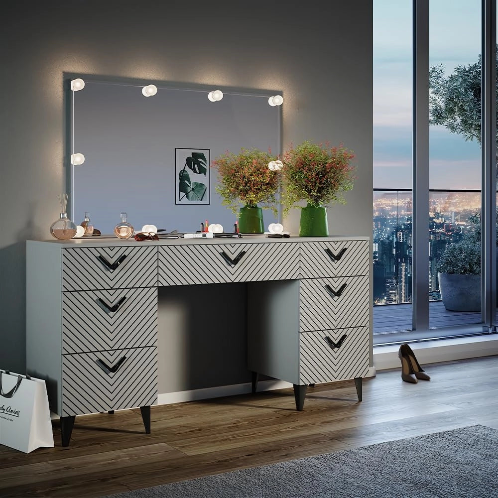 Tavolo da toeletta Anett, Grigio, 150 cm con illuminazione a LED, Cassetti per organizzare nel disordine