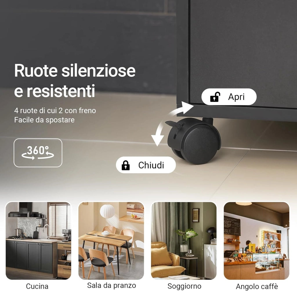 Mobiletto Cucina con Ruote e Piano Estraibile – Mobile Cucina Salvaspazio con Cassetto e Ante, Credenza Cucina, Carrello Cucina per Microonde, Ufficio o Sala da Pranzo Nero 59×40×92 cm FSB09-SCH