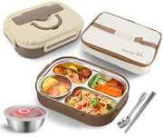 Lunchbox multifunzione con contenitore per zuppe, cucchiai e bacchette, acciaio inossidabile 304, 4 compartimenti, compattato, resistente al microonde, con isolamento, per ufficio e scuola (color kaki)
