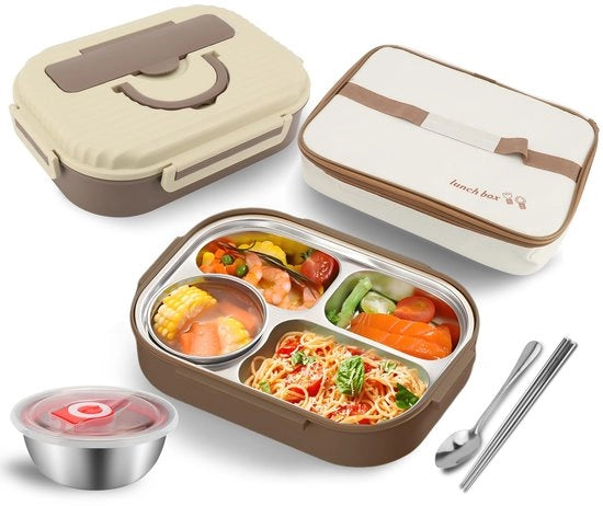 Lunchbox multifunzione con contenitore per zuppe, cucchiai e bacchette, acciaio inossidabile 304, 4 compartimenti, compattato, resistente al microonde, con isolamento, per ufficio e scuola (color kaki)