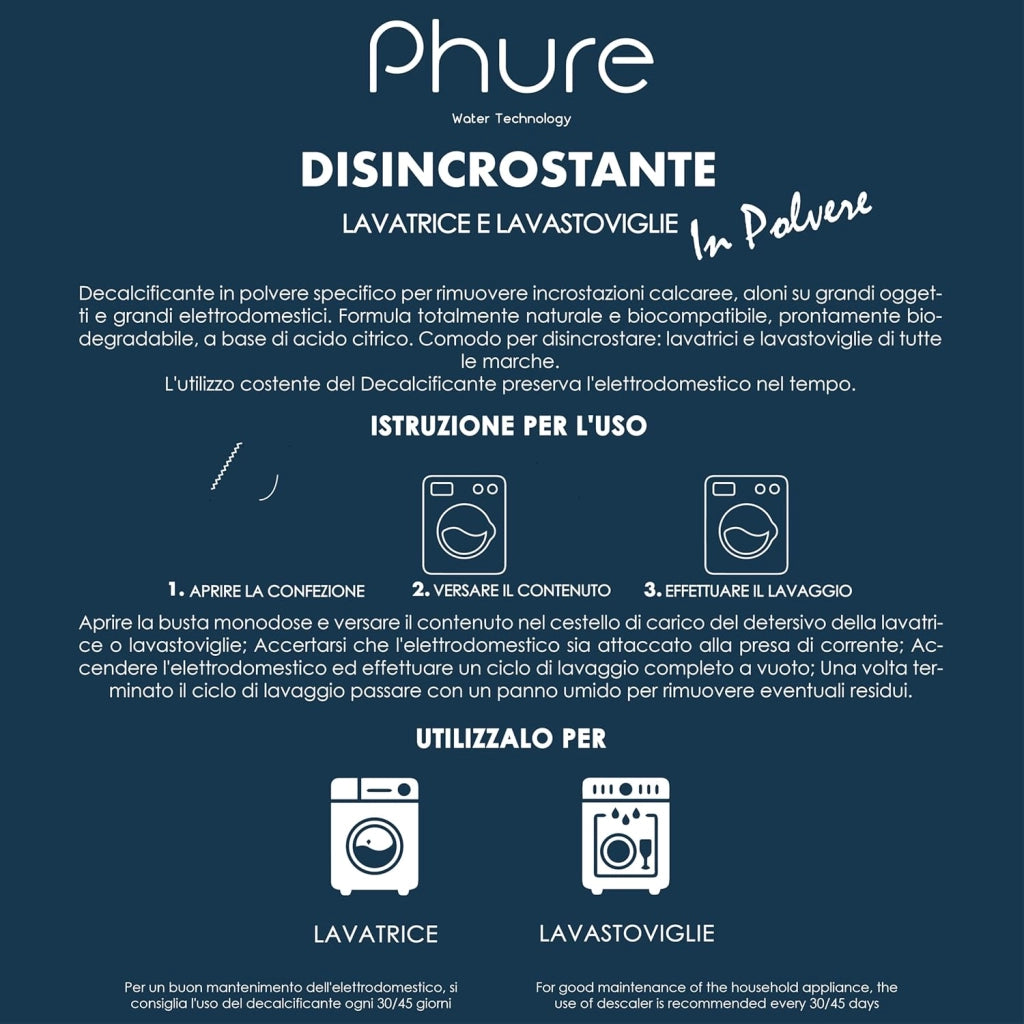 PHURE Decalcificante in Polvere Monodose Detergente Anticalcare per Lavatrice, Lavastoviglie e grandi elettrodomestici, compatibile con tutte le marche, 100% Biodegradabile, Ecologico Made in Italy